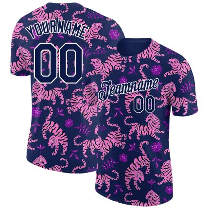 Custom Tiger Performance T-Shirt with Name and Number - Personalized Navy White 3D Pattern Design T-Shirt Personalized Navy