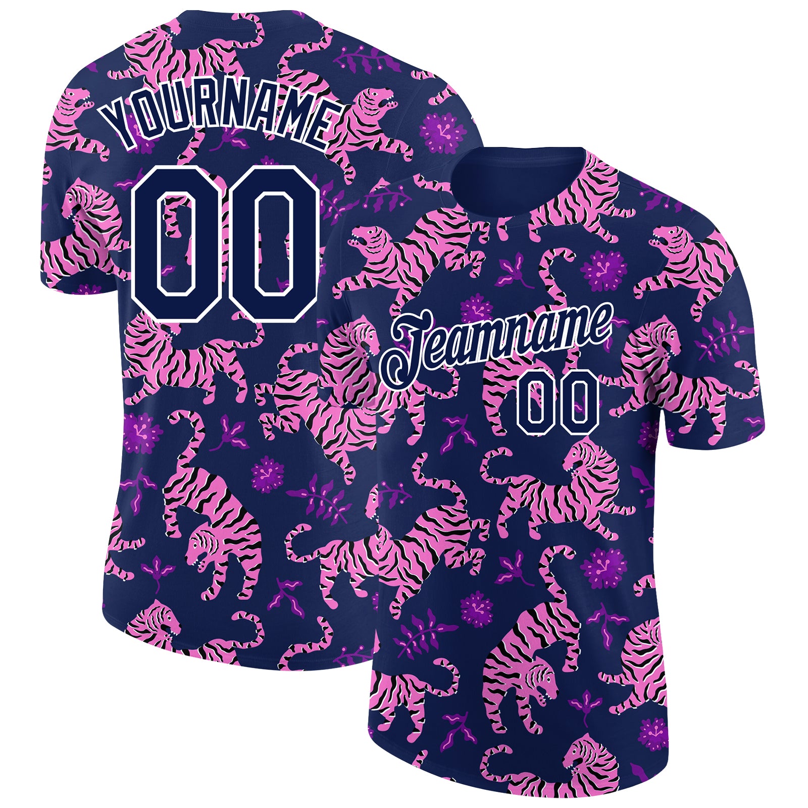 Custom Tiger Performance T-Shirt with Name and Number - Personalized Navy White 3D Pattern Design T-Shirt Personalized Navy