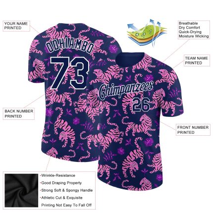 Custom Tiger Performance T-Shirt with Name and Number - Personalized Navy White 3D Pattern Design T-Shirt Personalized Navy