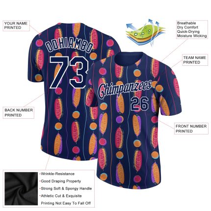 Custom Team Performance T-Shirt with Name & Number - Tropical Leaves 3D Pattern Design in Navy & White Personalized Navy
