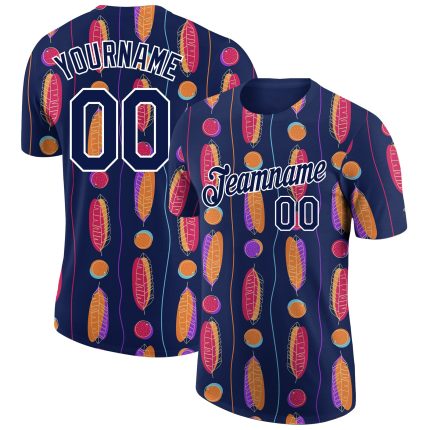 Custom Team Performance T-Shirt with Name & Number - Tropical Leaves 3D Pattern Design in Navy & White Personalized Navy
