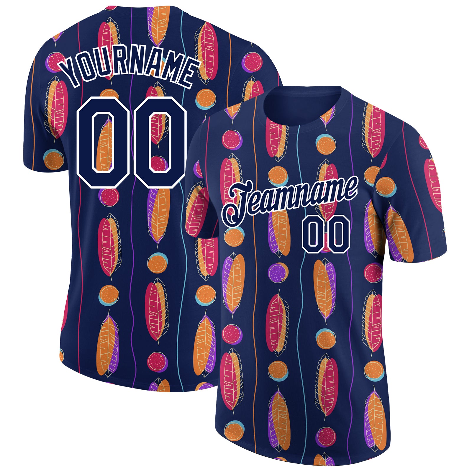 Custom Team Performance T-Shirt with Name & Number - Tropical Leaves 3D Pattern Design in Navy & White Personalized Navy