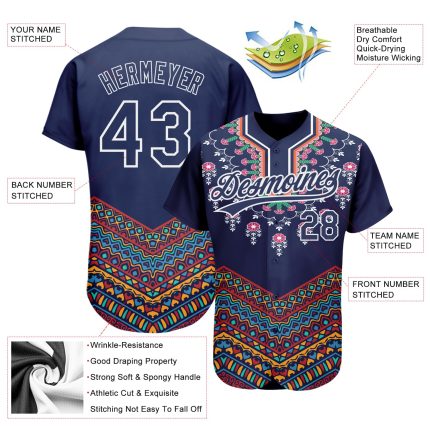 Personalized African Ethnic Style Vintage Floral Baseball Jersey Custom Name Number - Navy White 3D Pattern Design Personalized