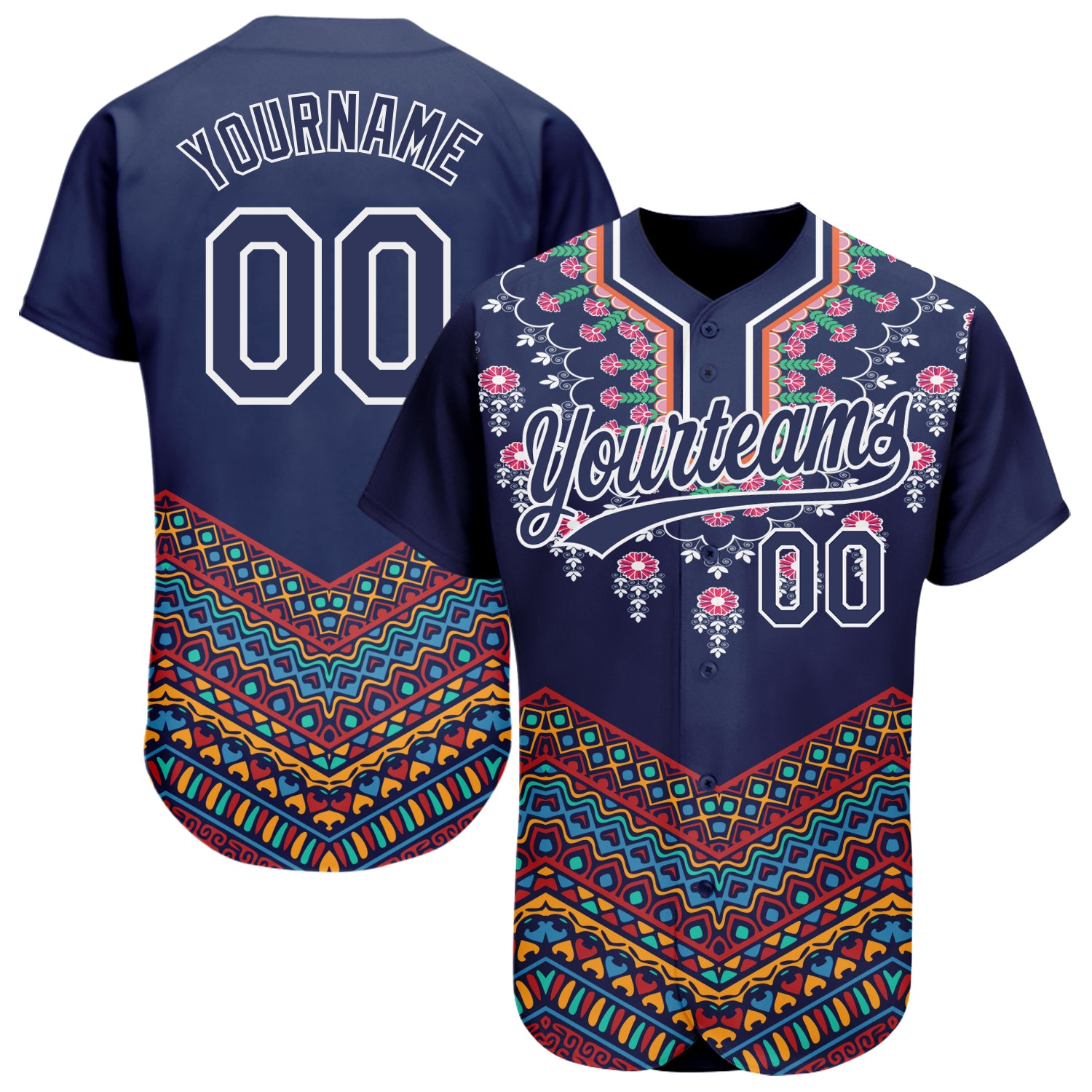 Personalized African Ethnic Style Vintage Floral Baseball Jersey Custom Name Number - Navy White 3D Pattern Design Personalized