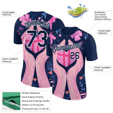 Custom Name and Number Personalized Pink Ribbon Breast Cancer T-Shirt - Navy White Performance Tee Personalized Navy White