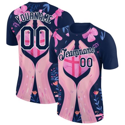 Custom Name and Number Personalized Pink Ribbon Breast Cancer T-Shirt - Navy White Performance Tee Personalized Navy White