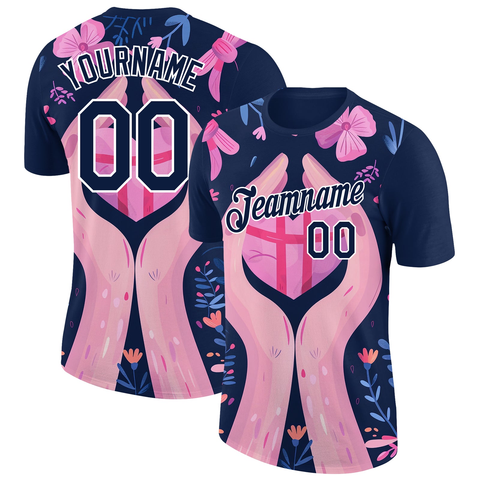 Custom Name and Number Personalized Pink Ribbon Breast Cancer T-Shirt - Navy White Performance Tee Personalized Navy White
