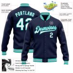 Custom Navy White Aqua Varsity Letterman Jacket - Personalized Bomber with Name and Number Full-Snap Design Personalized