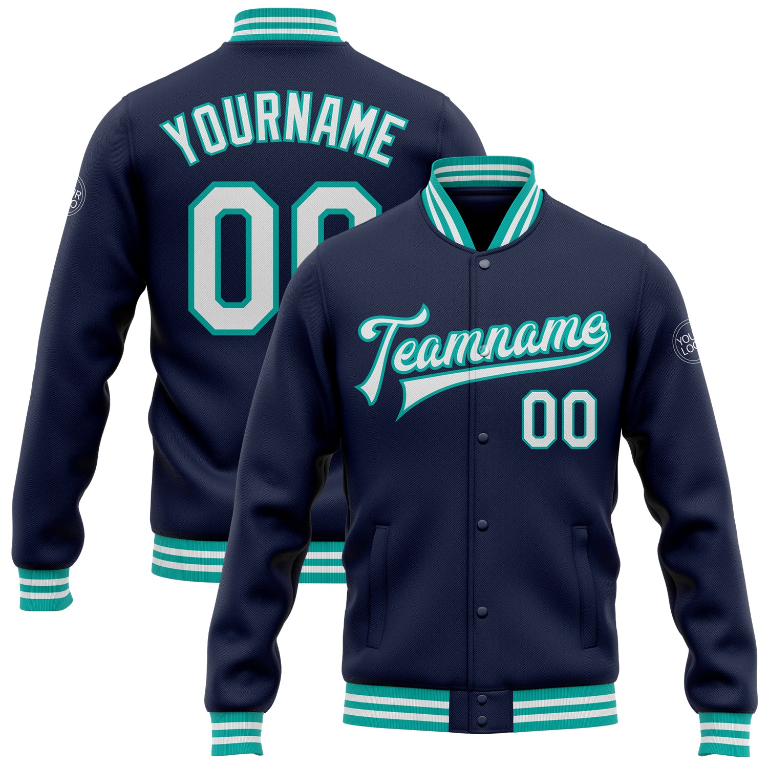 Custom Navy White Aqua Varsity Letterman Jacket - Personalized Bomber with Name and Number Full-Snap Design Personalized