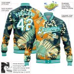 Custom Personalized Letterman Jacket with Navy White-Aqua 3D Flower Pattern - Full-Snap Varsity Bomber with Name & Number