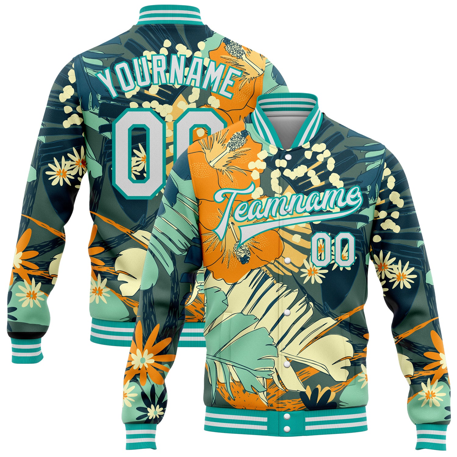 Custom Personalized Letterman Jacket with Navy White-Aqua 3D Flower Pattern - Full-Snap Varsity Bomber with Name & Number