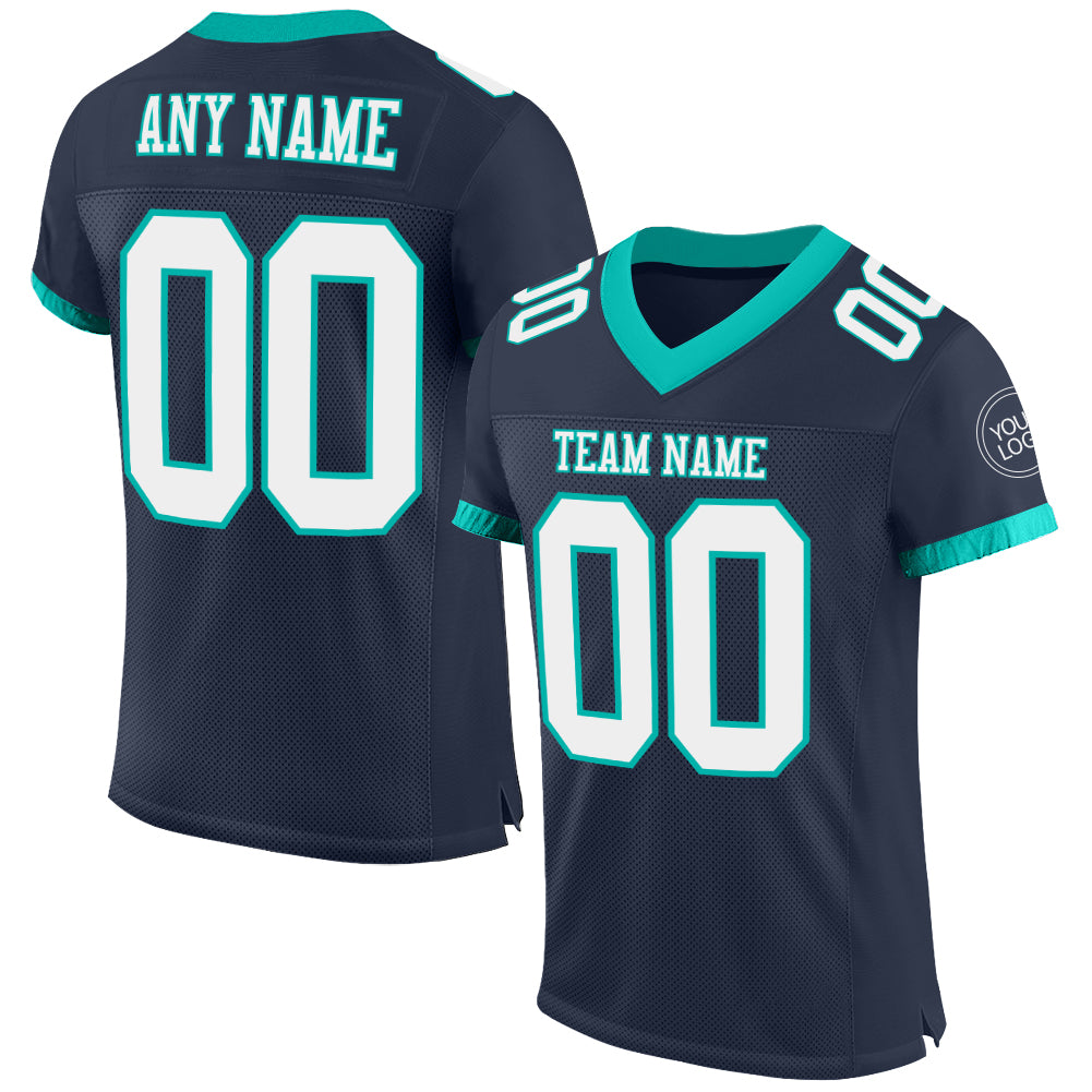 Custom Name and Number Authentic Football Jersey - Personalized Navy White-Aqua Mesh Personalized Navy White-Aqua Mesh Authentic