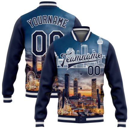 Custom Atlanta Georgia 3D Bomber Varsity Letterman Jacket - Personalized Navy White Team Name & Number Personalized Navy