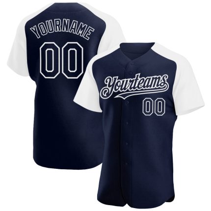 Custom Name and Number Personalized Baseball Jersey - Navy White Authentic Raglan Sleeves Personalized Navy White Authentic