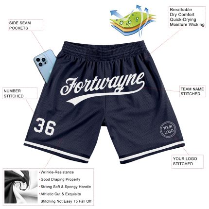 Custom Team Name Number Basketball Shorts - Personalized Navy White Authentic Throwback Shorts Personalized Navy White Authentic