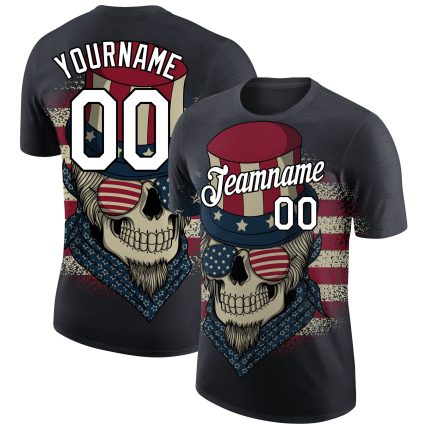 Custom American Flag 3D Skull Performance T-Shirt with Personalized Name and Number - Navy, White, Black Personalized Navy