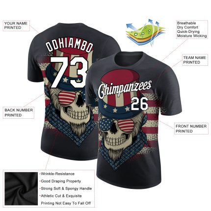 Custom American Flag 3D Skull Performance T-Shirt with Personalized Name and Number - Navy, White, Black Personalized Navy