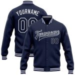 Personalized Navy White Varsity Letterman Jacket Full-Snap Bomber for Men Personalized Navy White Bomber Full-Snap Varsity
