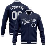 Custom Name Number Navy White Bomber Varsity Letterman Jacket Personalized Full-Snap Team Apparel Personalized Navy White