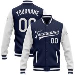 Custom Name Number Two Tone Varsity Letterman Jacket Navy White Full-Snap Bomber - Personalized Team Apparel Personalized