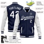 Custom Name Number Two Tone Varsity Letterman Jacket Navy White Full-Snap Bomber - Personalized Team Apparel Personalized