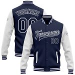 Personalized Navy White Varsity Letterman Bomber Jacket Full-Snap Two Tone Personalized Navy White Bomber Full-Snap Varsity