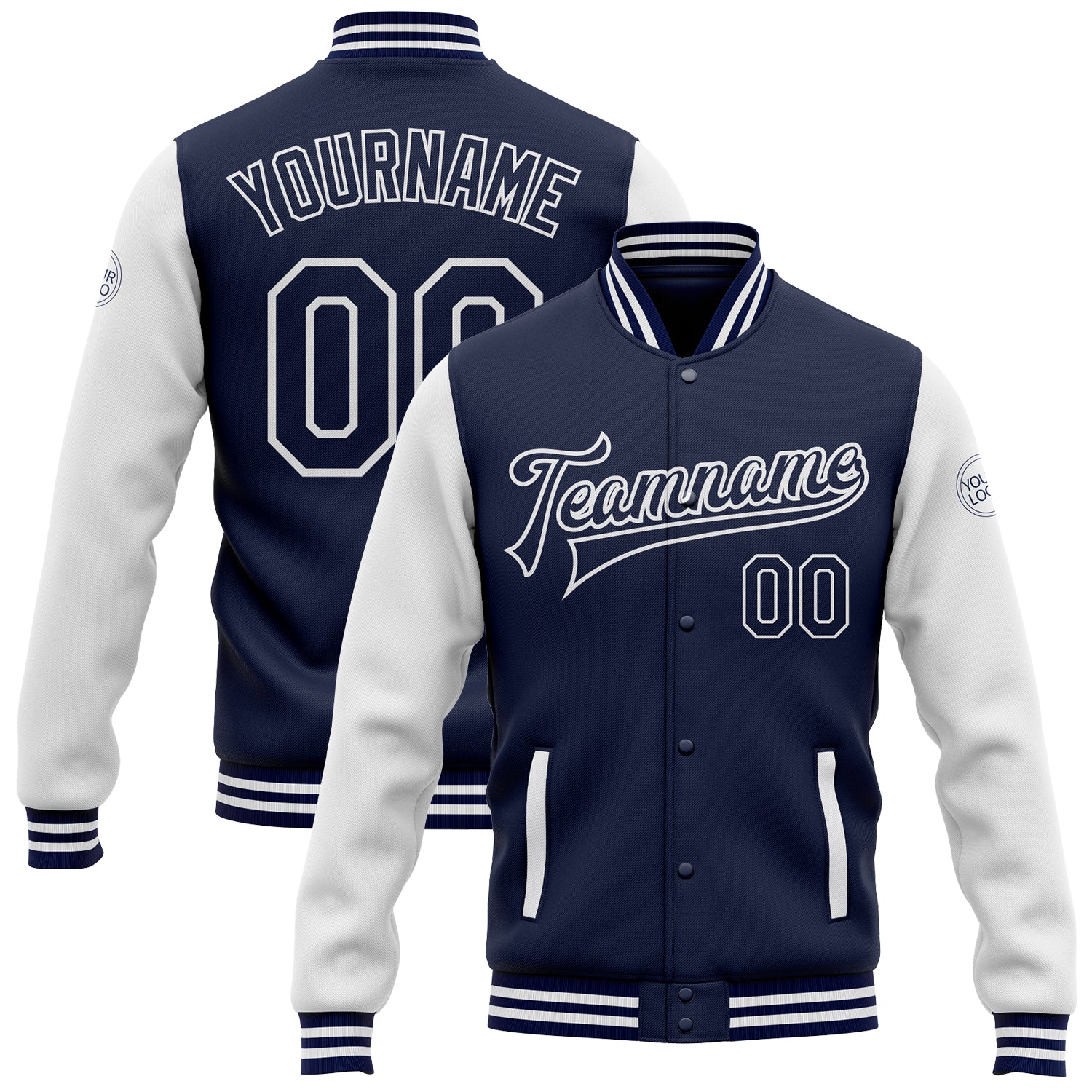 Personalized Navy White Varsity Letterman Bomber Jacket Full-Snap Two Tone Personalized Navy White Bomber Full-Snap Varsity