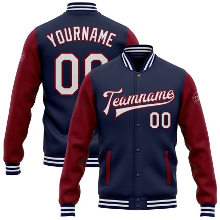 Custom Two Tone Bomber Jacket with Name and Number - Navy White Crimson Varsity Letterman Full-Snap Personalized Navy White-Crimson