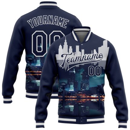 Custom Detroit Michigan City Edition Bomber Jacket with Name & Number - 3D Varsity Full-Snap Navy White Team Jacket Personalized