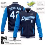 Custom Name Number Navy White Electric Blue Bomber Varsity Letterman Two Tone Jacket Full-Snap Personalized Navy White-Electric