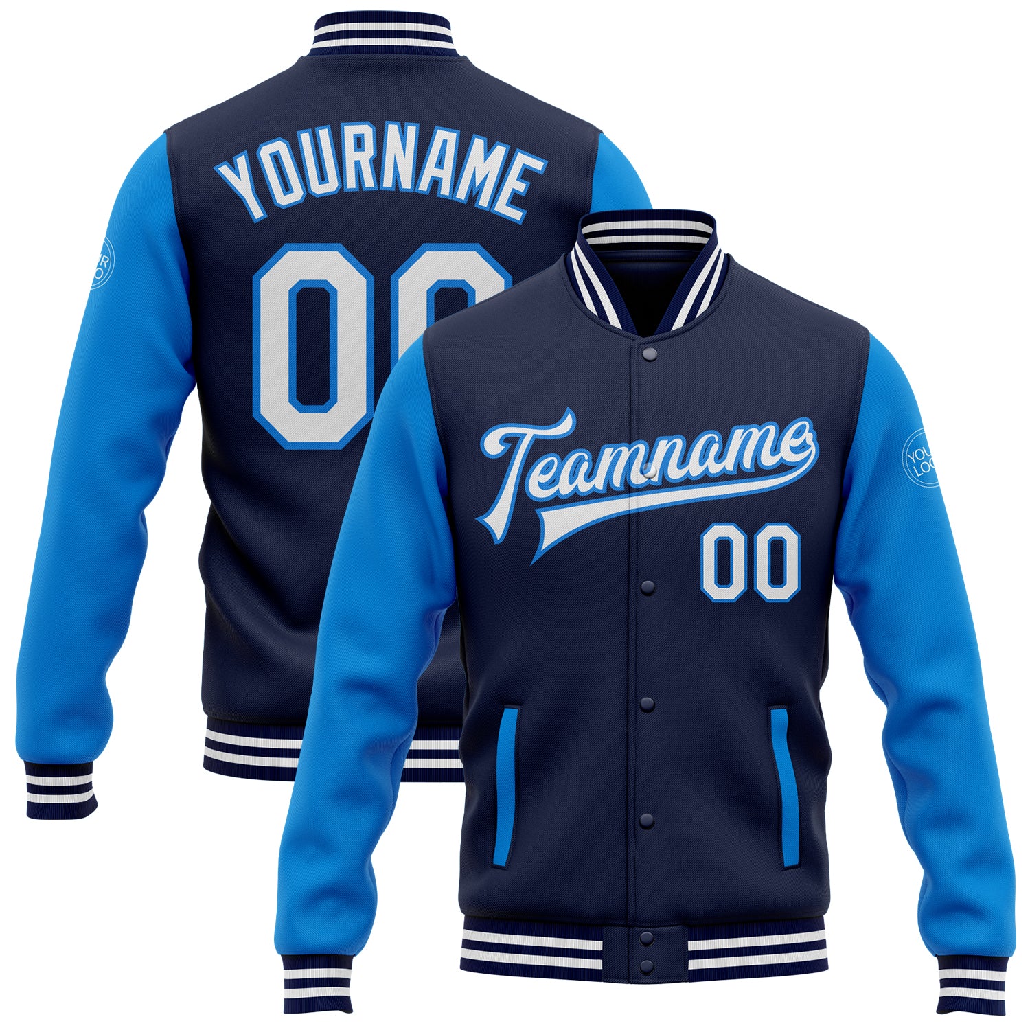 Custom Name Number Navy White Electric Blue Bomber Varsity Letterman Two Tone Jacket Full-Snap Personalized Navy White-Electric