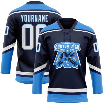 Custom Team Hockey Jersey with Personalized Name and Number in Navy, White, Electric Blue Lace Neck Design Personalized Navy