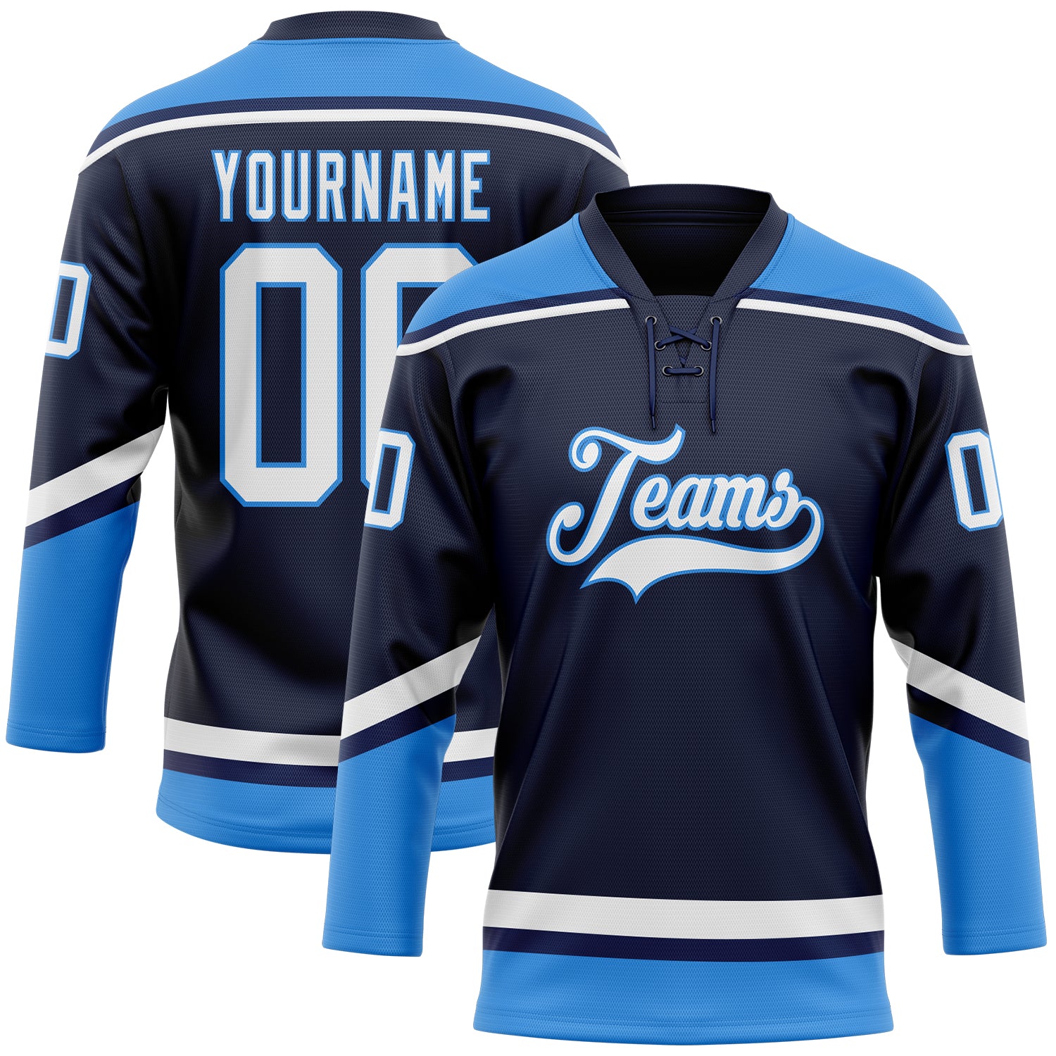 Custom Team Hockey Jersey with Personalized Name and Number in Navy, White, Electric Blue Lace Neck Design Personalized Navy