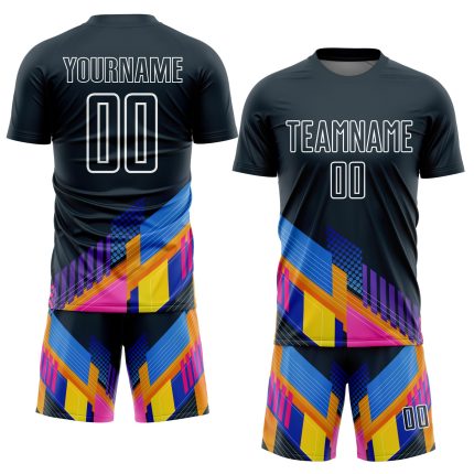 Custom navy and white soccer jersey, back view