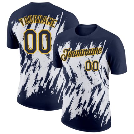 Custom Name and Number Performance T-Shirt - Navy White Gold 3D Abstract Sharp Shape Design Personalized Navy White-Gold