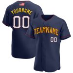 Personalized Authentic American Flag Baseball Jersey with Custom Name and Number - Navy White-Gold Fashion Team Apparel Personalized