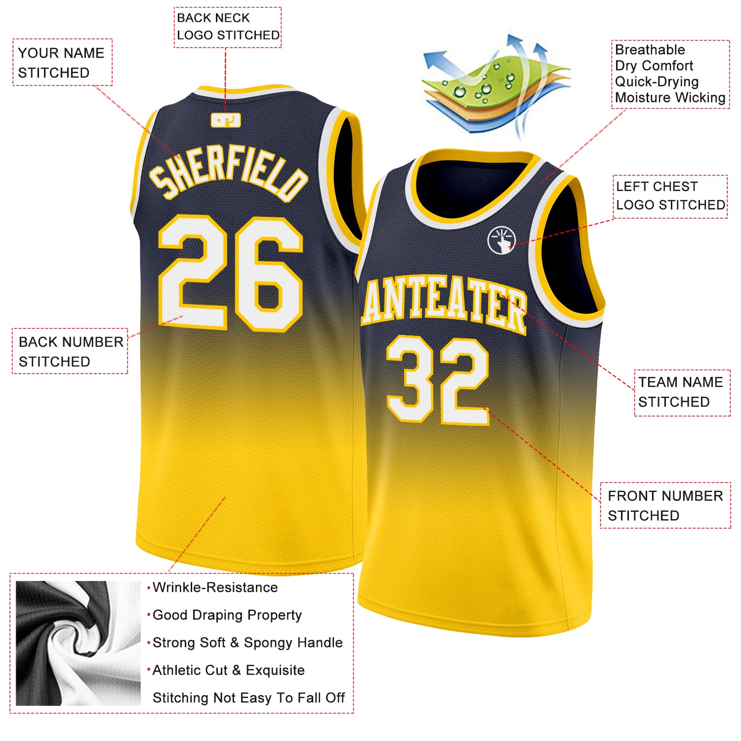 Personalized Navy White-Gold Authentic Fade Fashion Basketball Jersey Team Custom Name and Number Personalized Basketball Jersey with Custom Name & Number, Navy White-Gold Authentic Fade Design, Team Apparel Personalized - Image 2