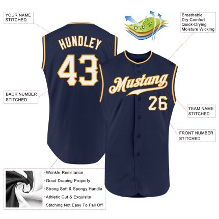 Custom Name Number Personalized Authentic Sleeveless Baseball Jersey - Navy White-Gold Personalized Navy White-Gold Authentic
