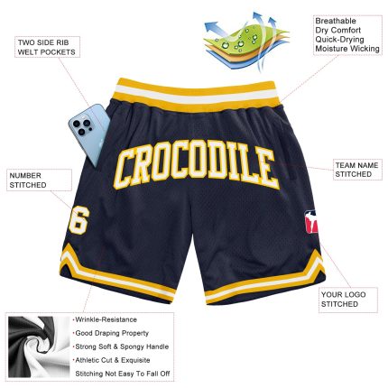 Custom Navy White-Gold Basketball Shorts with Name and Number - Personalized Authentic Throwback Team Gear Personalized Navy