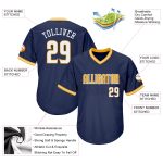 Custom Personalized Baseball Jersey Shirt with Team Name and Number - Navy White Gold Authentic Throwback Rib-Knit Personalized