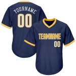 Custom Personalized Baseball Jersey Shirt with Team Name and Number - Navy White Gold Authentic Throwback Rib-Knit Personalized