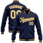 Custom Name Number Navy White Gold Varsity Full-Snap Letterman Bomber Jacket - Personalized Team Jacket Personalized Navy