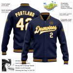 Custom Name Number Navy White Gold Varsity Full-Snap Letterman Bomber Jacket - Personalized Team Jacket Personalized Navy