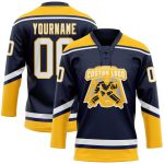Custom Name and Number Personalized Navy White-Gold Hockey Lace Neck Jersey Personalized Navy White-Gold Hockey Lace Neck