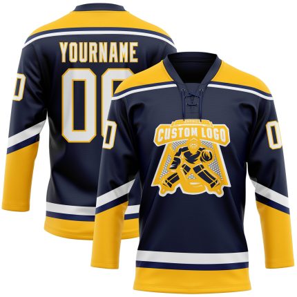 Custom Name and Number Personalized Navy White-Gold Hockey Lace Neck Jersey Personalized Navy White-Gold Hockey Lace Neck