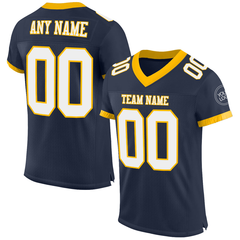 Personalized Navy White Gold Football Jersey - Authentic Mesh Design Personalized Navy White-Gold Mesh Authentic Football