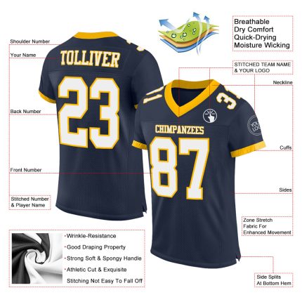 Personalized Navy White Gold Football Jersey - Authentic Mesh Design Personalized Navy White-Gold Mesh Authentic Football