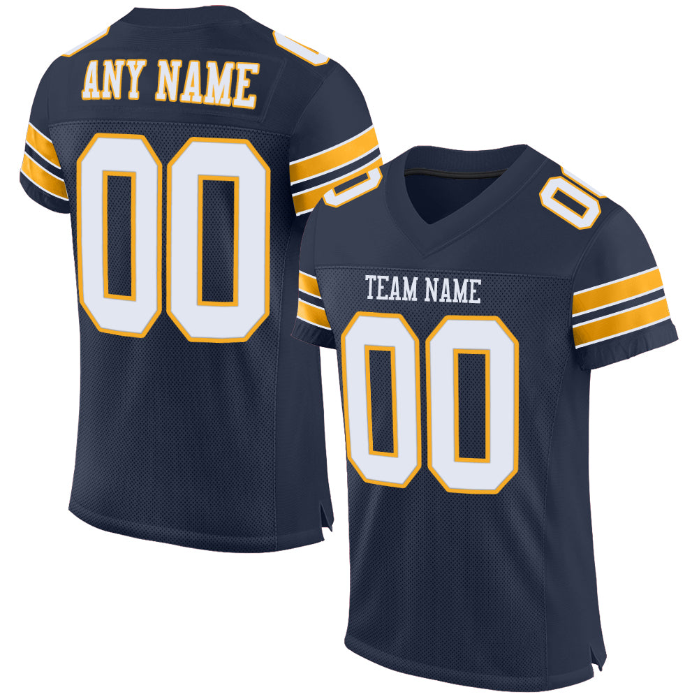 Custom Name Number Personalized Football Jersey Navy White Gold Mesh Authentic Personalized Navy White-Gold Mesh Authentic