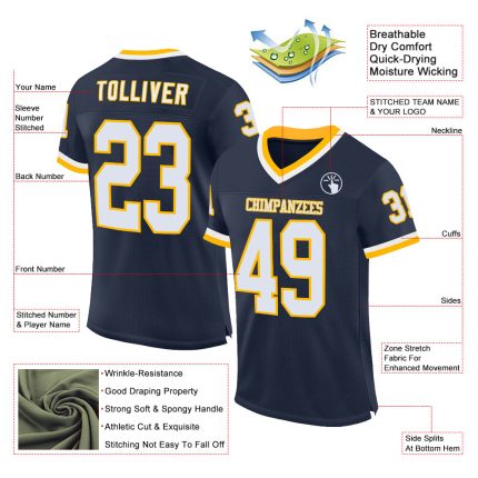 Personalized Authentic Throwback Football Jersey in Navy White Gold Mesh Personalized Navy White-Gold Mesh Authentic Throwback