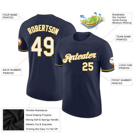 Custom Team Name and Number Performance T-Shirt in Navy and White-Gold - Personalized Sports Apparel Personalized Navy White-Gold